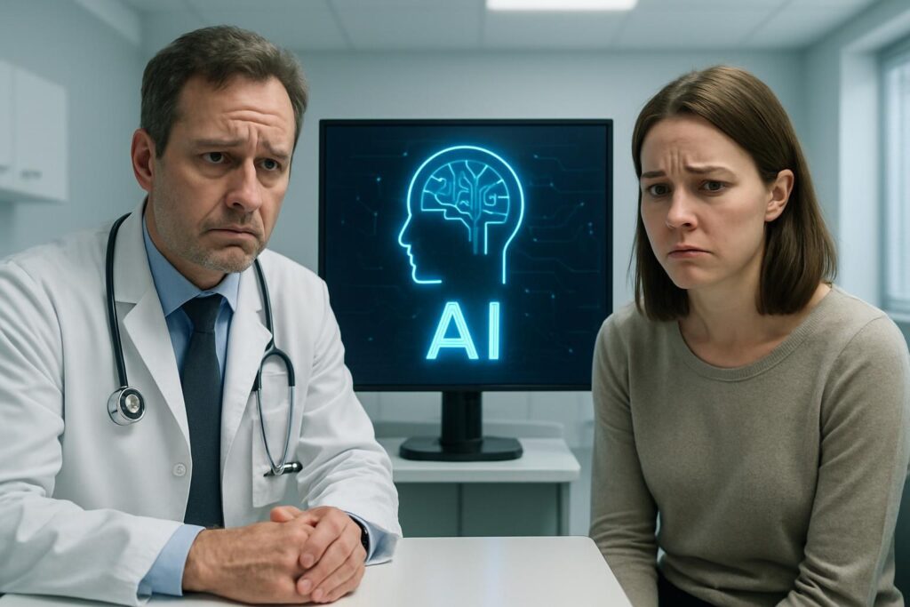 Doctor and patient with an AI interface between them, showing uncertainty about AI-assisted medical consultation