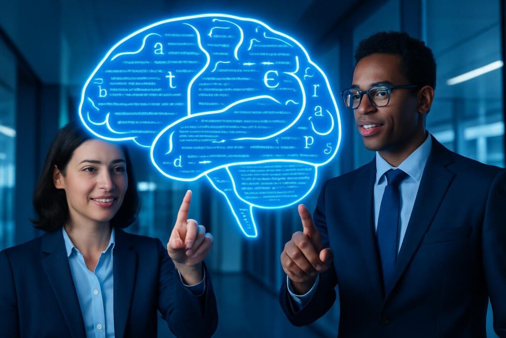 Professionals interacting with a digital interface in the form of a brain with linguistic symbols in a corporate environment
