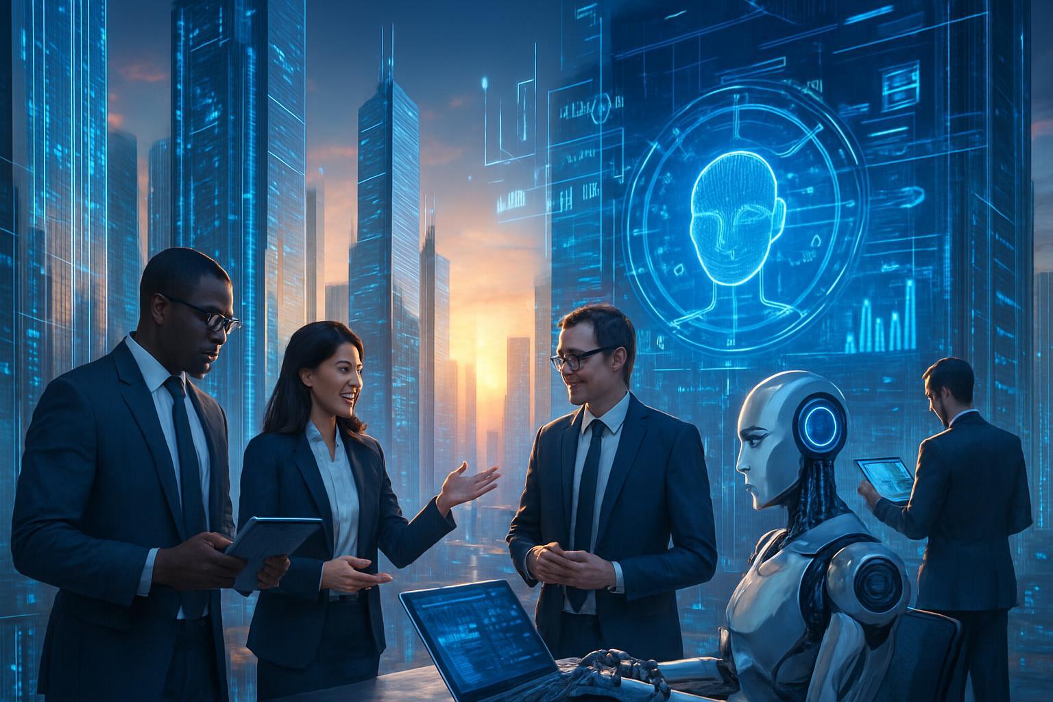 Paisaje urbano futurista con profesionales colaborando con tecnologías IA en un entorno empresarial digital