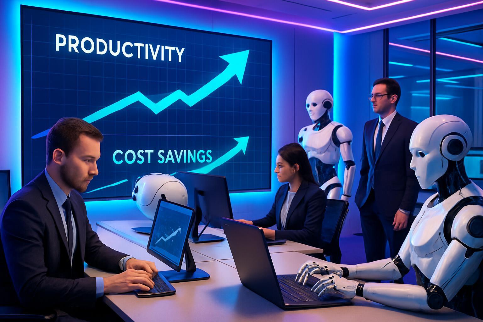 Modern office where humans and AI-powered robots collaborate with screens displaying productivity metrics.