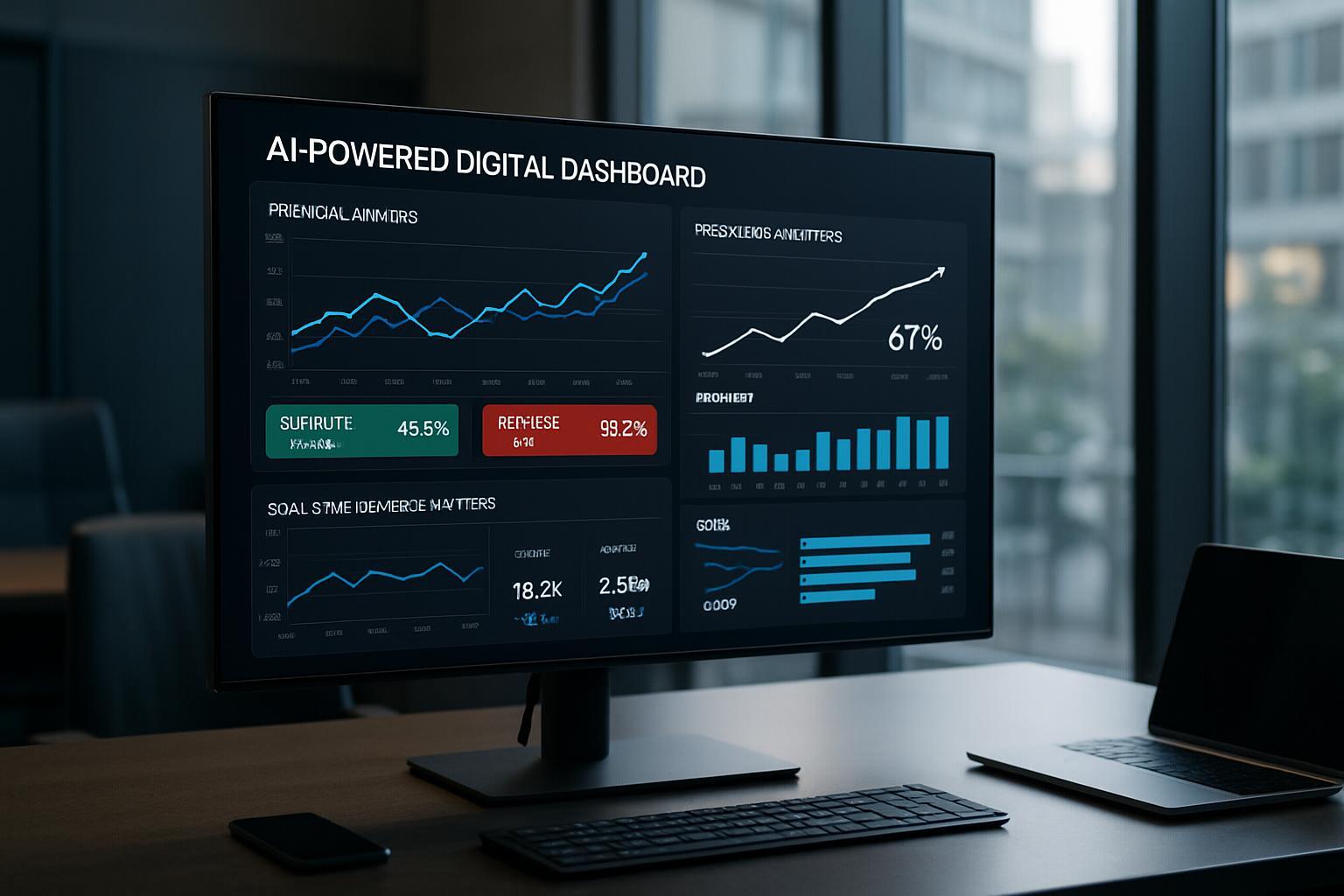 Digital panel with financial graphics and predictive analysis driven by AI for strategic decision-making