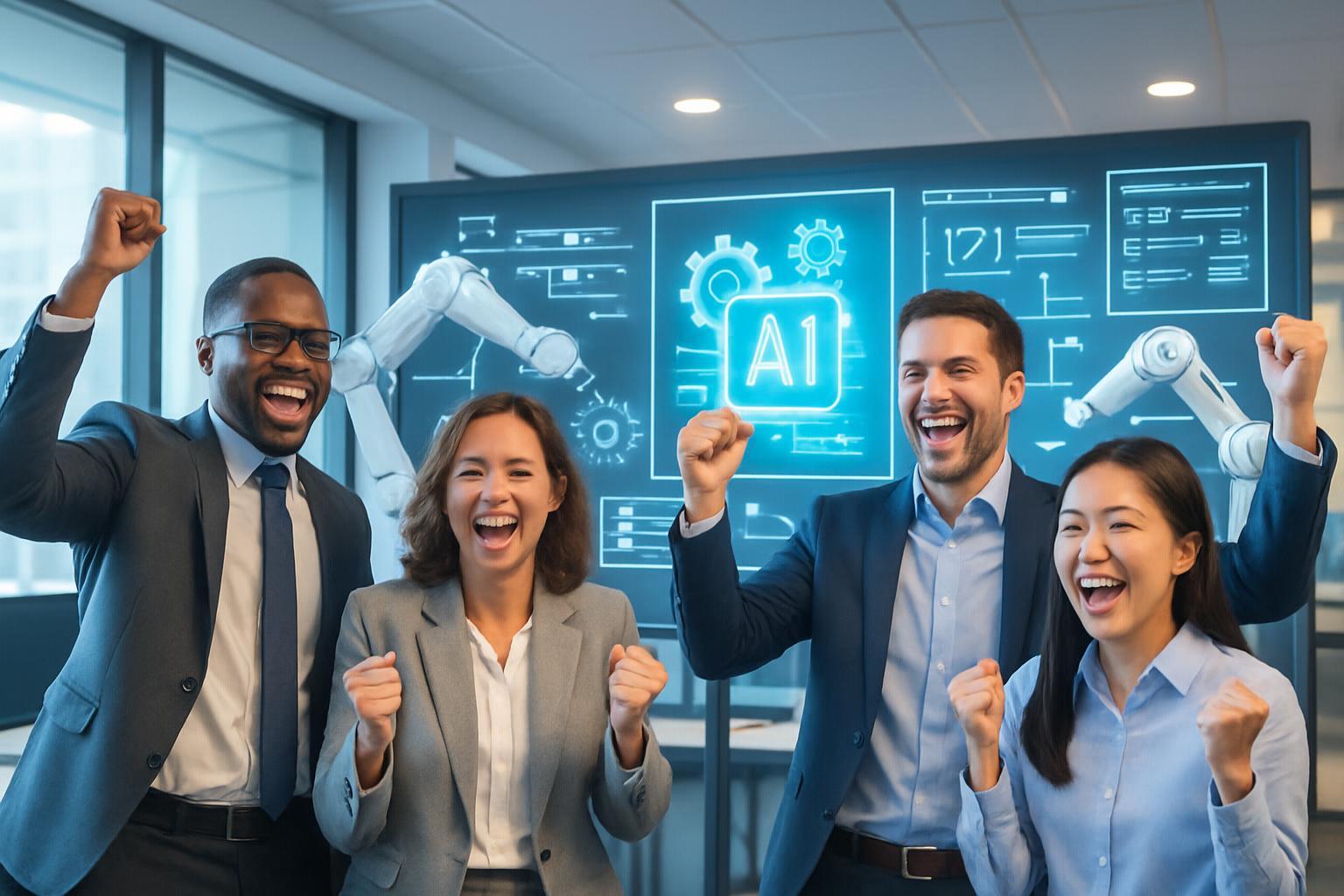 Business team celebrating positive results while robots and AI systems automate tasks in a modern office